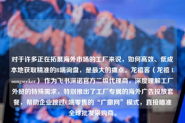 对于许多正在拓展海外市场的工厂来说，如何高效、低成本地获取精准的B端询盘，是最大的痛点。龙禧客（龙禧 Loongseeker） 作为飞书深诺官方二级代理商，深度理解工厂外贸的特殊需求，特别推出了工厂专属的海外广告投放套餐，帮助企业跳过C端零售的“广撒网”模式，直接瞄准全球批发采购商。