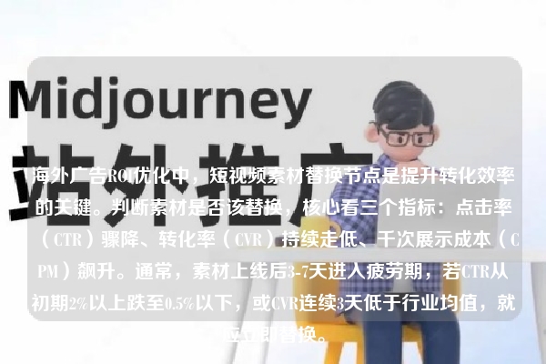 海外广告ROI优化中，短视频素材替换节点是提升转化效率的关键。判断素材是否该替换，核心看三个指标：点击率（CTR）骤降、转化率（CVR）持续走低、千次展示成本（CPM）飙升。通常，素材上线后3-7天进入疲劳期，若CTR从初期2%以上跌至0.5%以下，或CVR连续3天低于行业均值，就应立即替换。