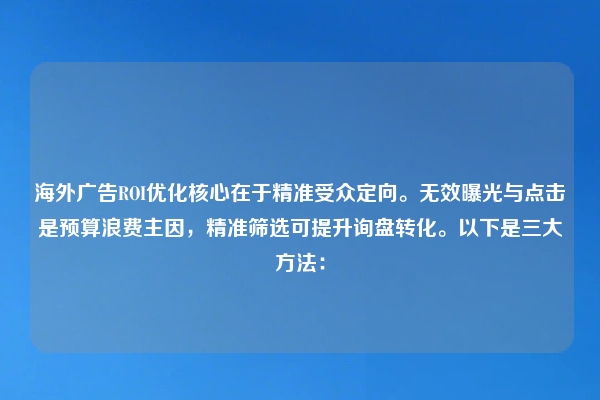 海外广告ROI优化核心在于精准受众定向。无效曝光与点击是预算浪费主因，精准筛选可提升询盘转化。以下是三大方法：