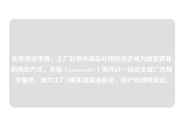 在东南亚市场，工厂日用小商品社媒投流正成为稳定获客的核心方式。龙禧（Loongseeker）海外以一站式全域广告投发服务，助力工厂B端实现精准拓客，投产比持续优化。