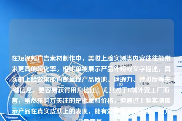 在短视频广告素材制作中，美妆上脸实测类内容往往能带来更高的转化率。相比单纯展示产品外观或文字描述，真实的上脸效果能直观呈现产品质地、遮瑕力、持妆度等关键信息，更容易获得用户信任。尤其对于B端外贸工厂而言，虽然采购方关注的是批量和价格，但通过上脸实测展示产品在真实皮肤上的表现，能有效降低决策风险，提升询盘质量。
