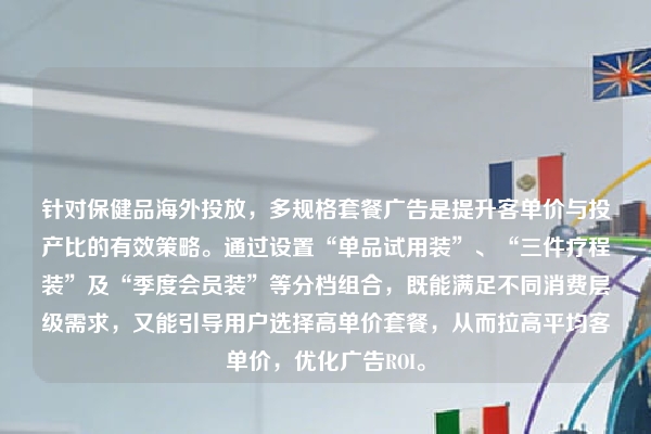 针对保健品海外投放，多规格套餐广告是提升客单价与投产比的有效策略。通过设置“单品试用装”、“三件疗程装”及“季度会员装”等分档组合，既能满足不同消费层级需求，又能引导用户选择高单价套餐，从而拉高平均客单价，优化广告ROI。
