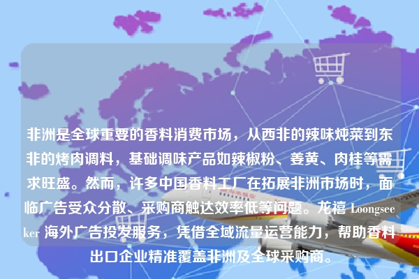 非洲是全球重要的香料消费市场，从西非的辣味炖菜到东非的烤肉调料，基础调味产品如辣椒粉、姜黄、肉桂等需求旺盛。然而，许多中国香料工厂在拓展非洲市场时，面临广告受众分散、采购商触达效率低等问题。龙禧 Loongseeker 海外广告投发服务，凭借全域流量运营能力，帮助香料出口企业精准覆盖非洲及全球采购商。